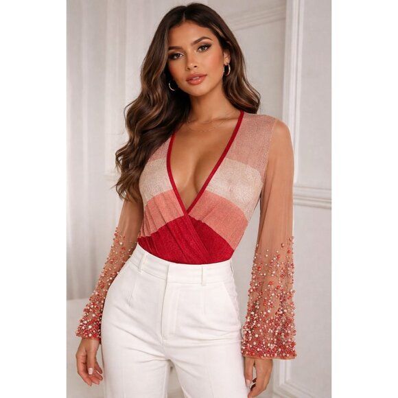 NWT $950 Elisabetta Franchi Deep V Neck Wrap Beaded Bodysuit Multicolor Sz US4